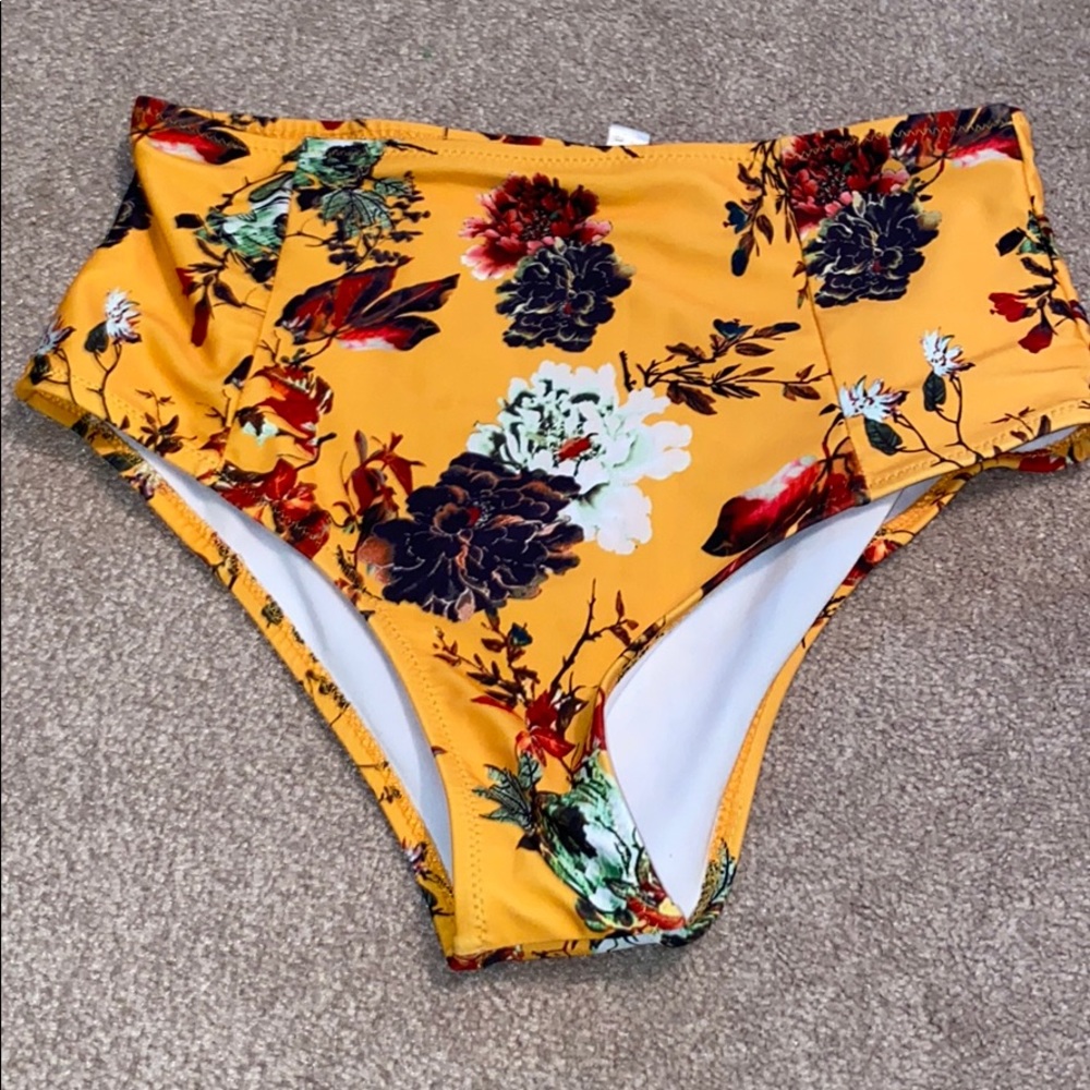 Yellow Flower High-Waisted Swim Bottoms